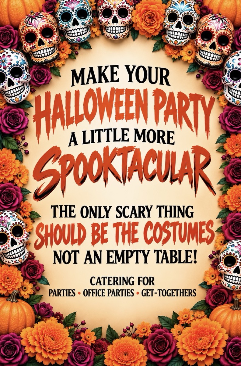 Halloween catering flyer: Make your Halloween party a little more spooktacular. The only scary thing should be the costumes, not an empty table! Catering for parties, office parties and get-togethers.