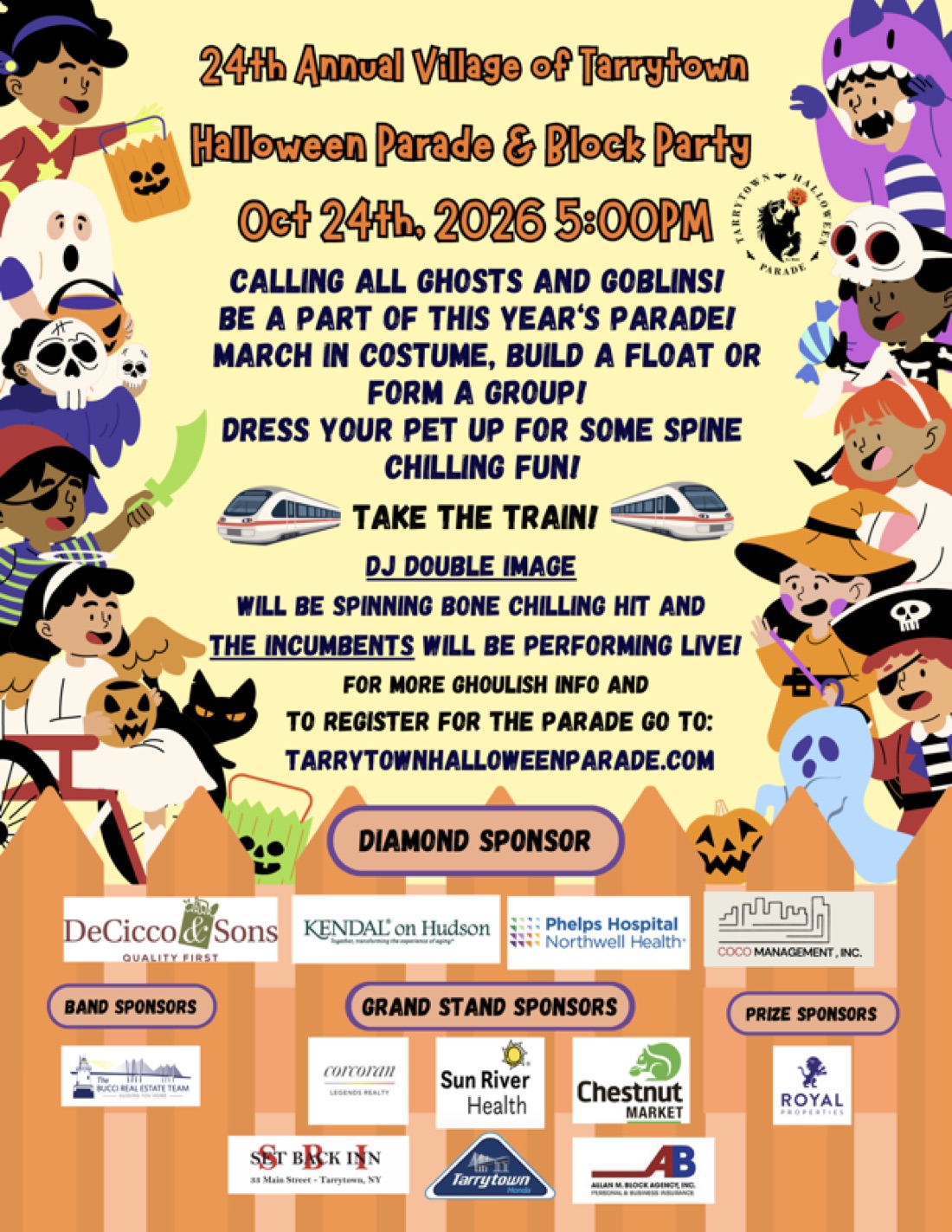Flyer: 24th Annual Village of Tarrytown Halloween Parade and Block Party, October 24th 2026 at 5:00 PM. March in costume, build a float or form a group. DJ Double Image and live music by The Incumbents. Register at tarrytownhalloweenparade.com.