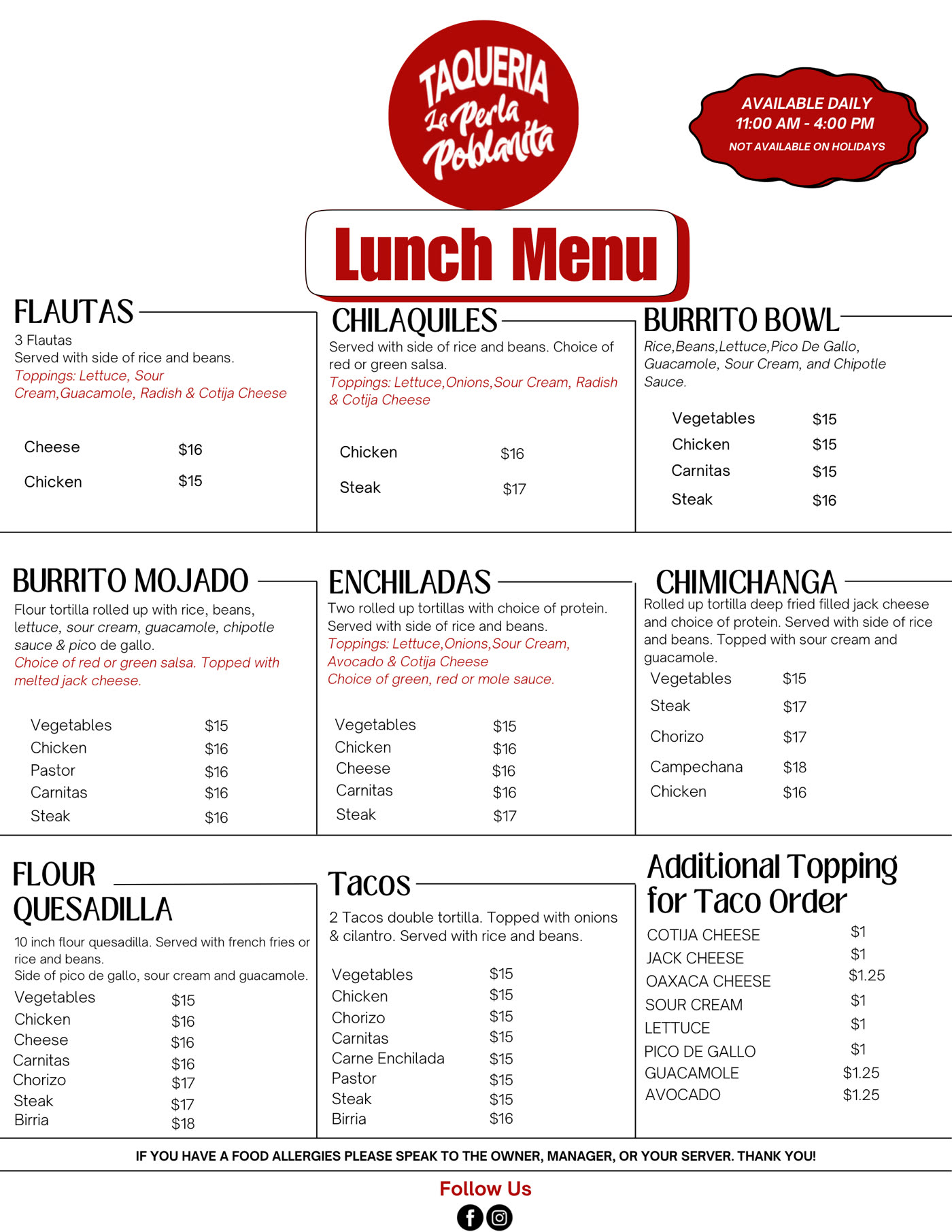 La Perla Poblanita lunch menu: flautas, chilaquiles, burrito bowl, burrito mojado, enchiladas, chimichanga, flour quesadilla and tacos, $15 to $18.